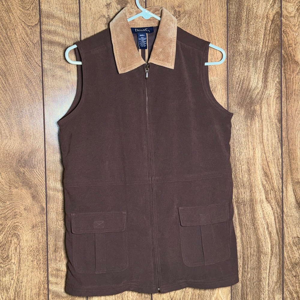 Denim & Co Brown Zip Front Utility Vest Leather Collar Small Hippie Retro Look